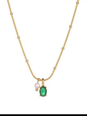 Gold-Tone Necklace with Emerald Green Gem and Pearl Charm